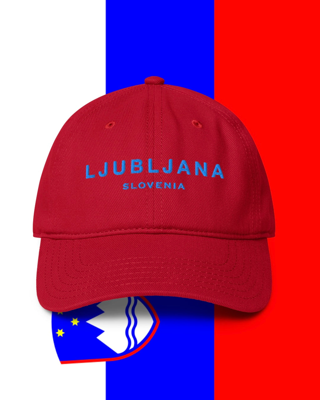 Ljubljana Slovenia embroidered low-profile cotton twill cap, front view