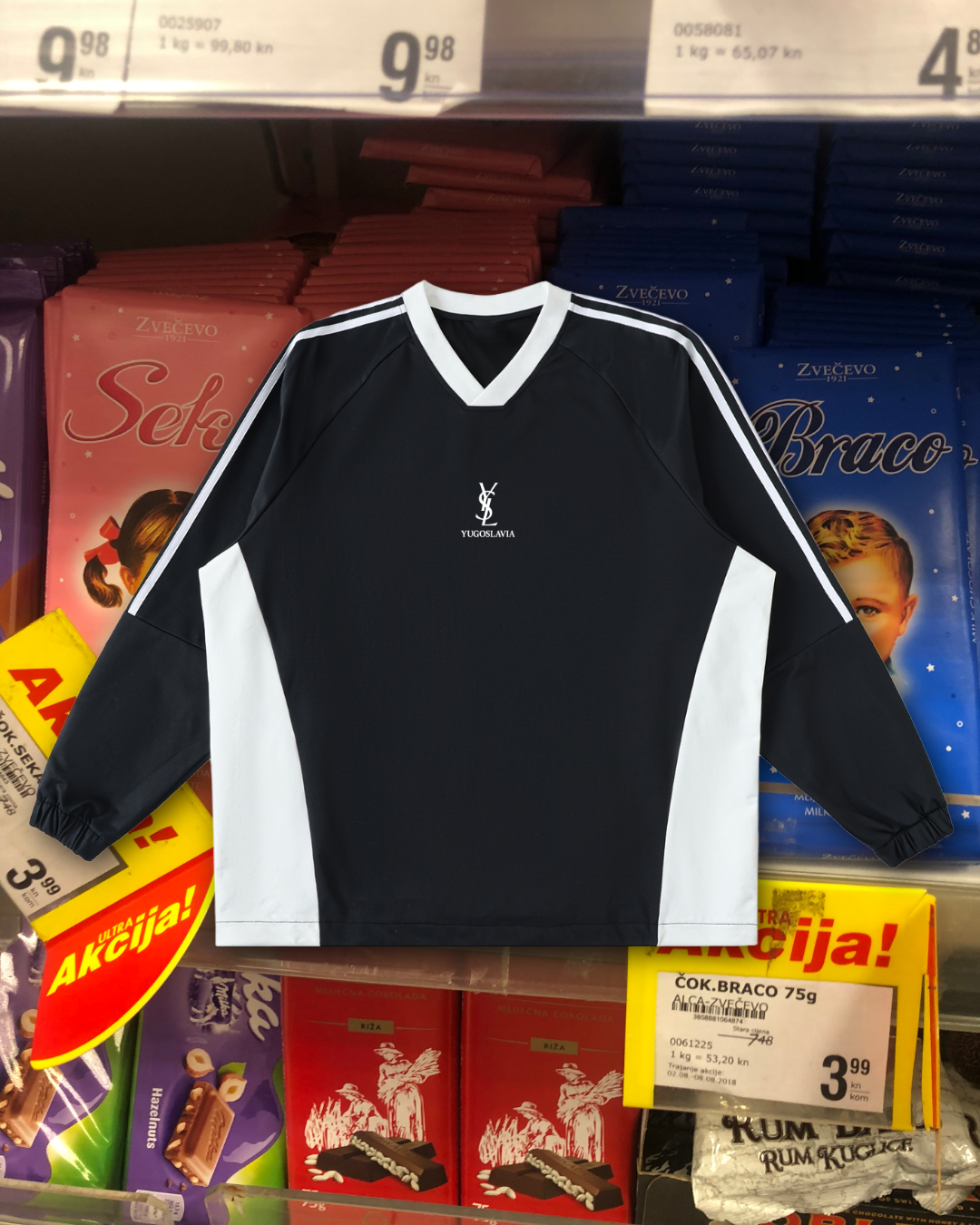 YSL YUGOSLAVIA TOURIST Color-Block V-Neck Long-Sleeve T-Shirt