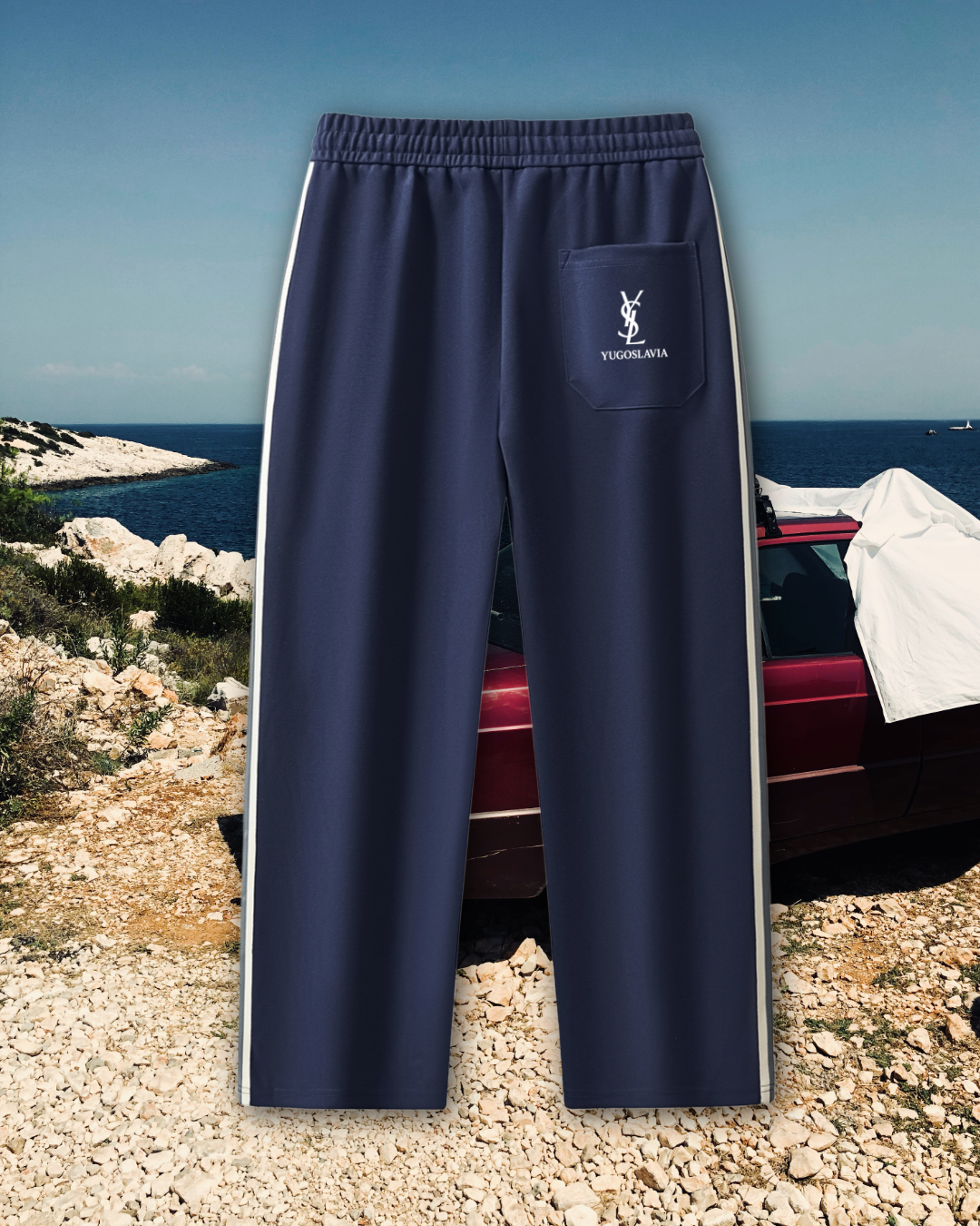 YSL YUGOSLAVIA TOURIST Contrast Side-Stripe Straight-Leg Pants